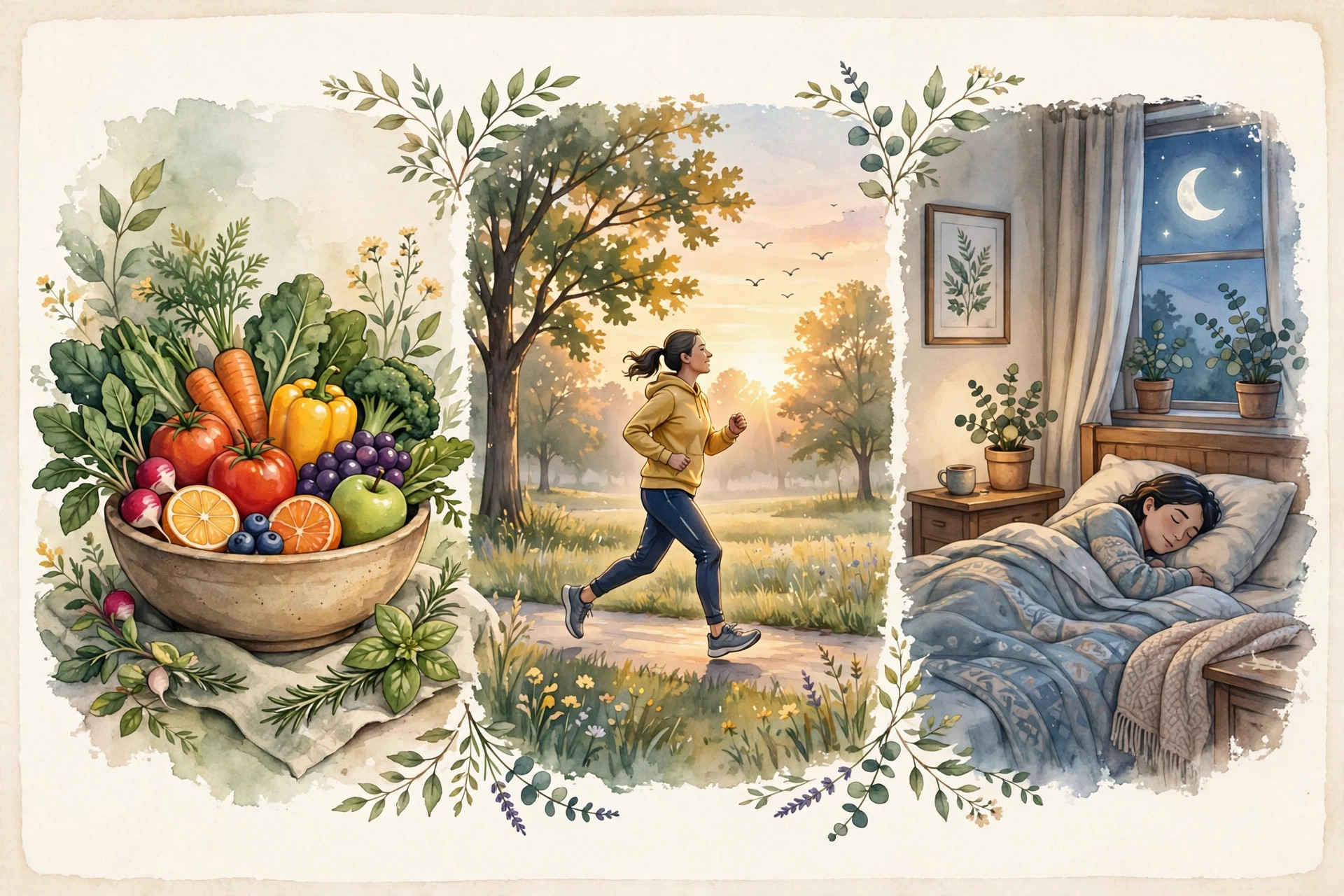 Illustration of the three pillars of longevity: healthy diet, exercise, and restful sleep