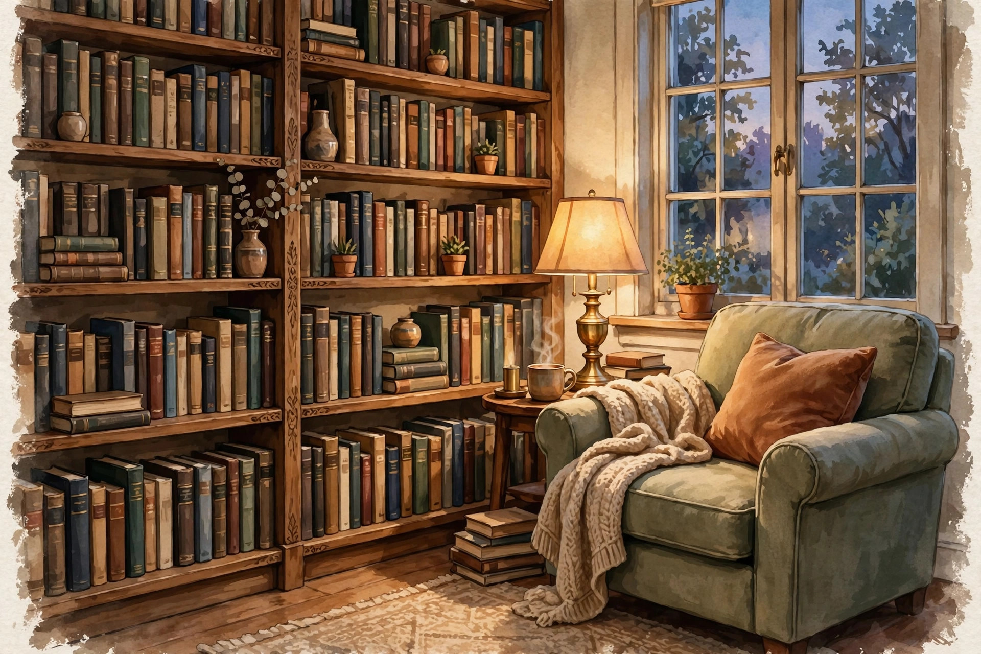 Illustration of a cozy reading nook with tall bookshelves and a warm lamp
