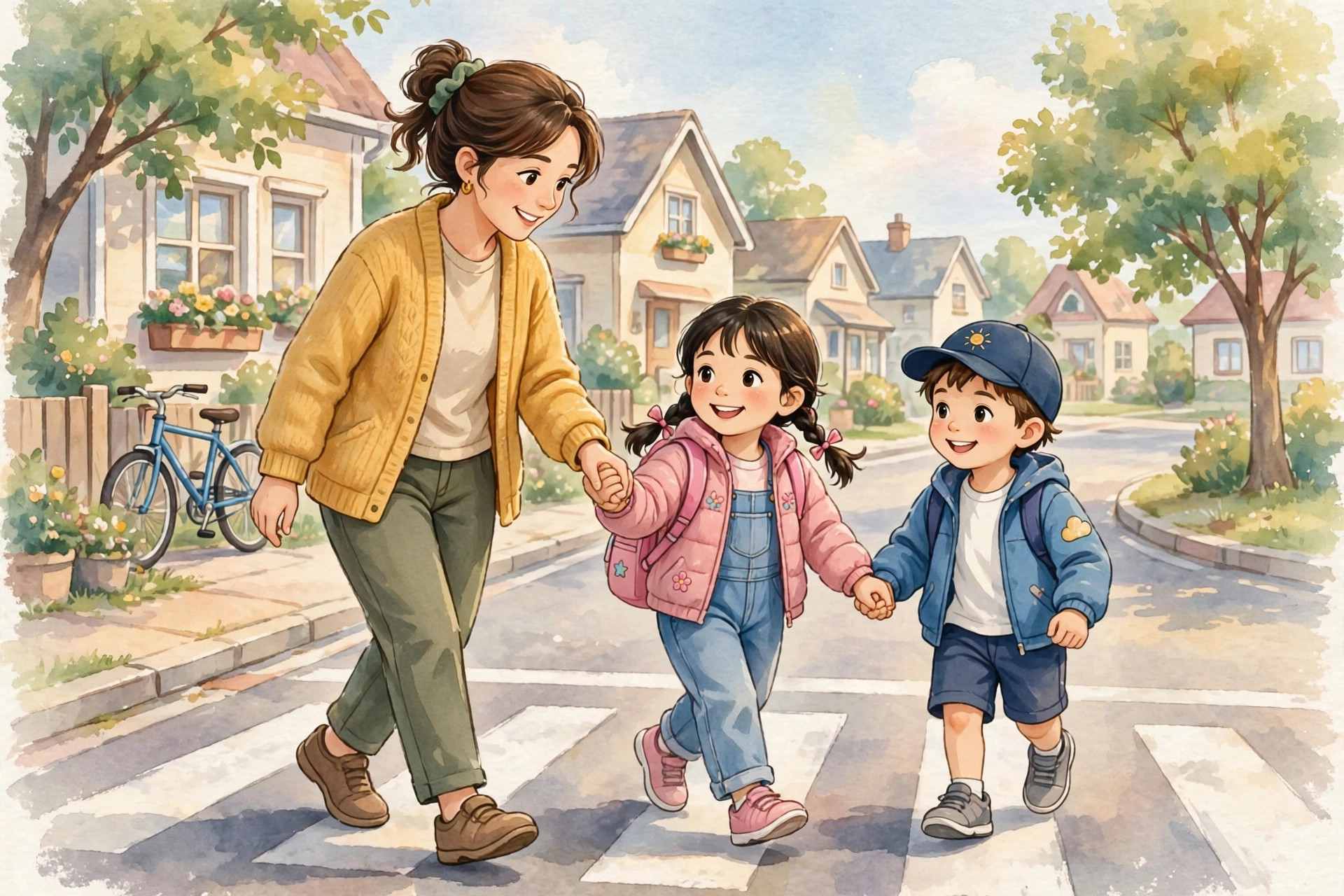 Illustration of children crossing the street safely at a crosswalk